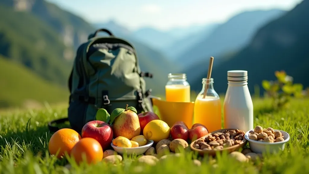 Zdravé svačiny pro výlet — ovoce, oříšky a voda v backpacku na trávě