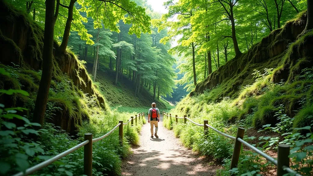 Outdoor trail v Moravském krasu s lesem a přírodními prvky, pěšina s přírodními zábradlím