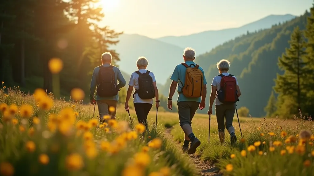 Skupiny seniorů na horské trase v České Švýcarsku, slunečný den, bezpečné podmínky