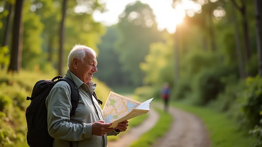 Starší osoba s mapou a turistickou výbavou v přípravě na výlet